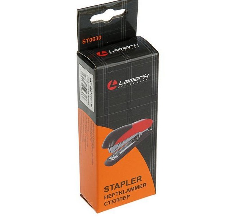 Степлер № 10 до 12л металлический, Lamark Ulrich, оранжевый с антистеплером