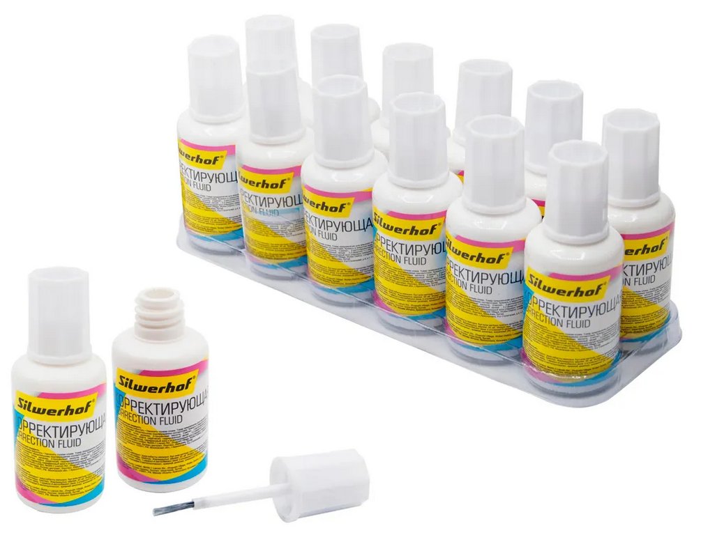 Коррект. жидкость Silwerhof (20мл) с кисточкой, быстросохнущая (мет.шарик)