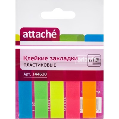 Бумага с клеевым краем  12*45 мм, 100л., 20л*5цв. неон (пластиковые) Attache