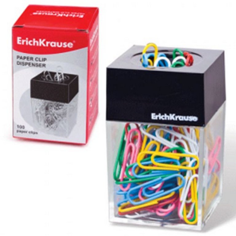 Диспенсер для скрепок магнитный + 100 цветных скрепок, цвет прозрачный Erich Krause