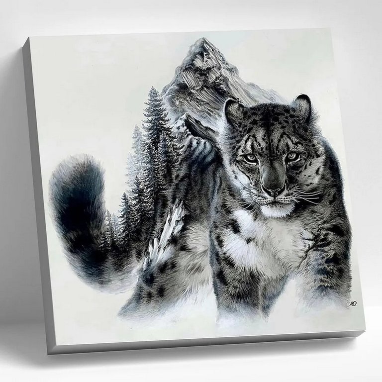 Роспись по номерам (холст) 30*30см "Снежный барс" (основа+акрил.+кисти) 15 цв.