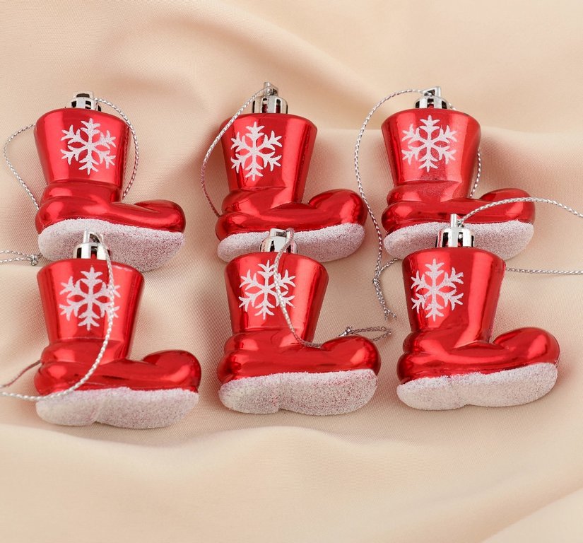 Набор украшений из пластика "Сапожок со снежинкой" 4х4 см, 6 шт/уп, цв. красный
