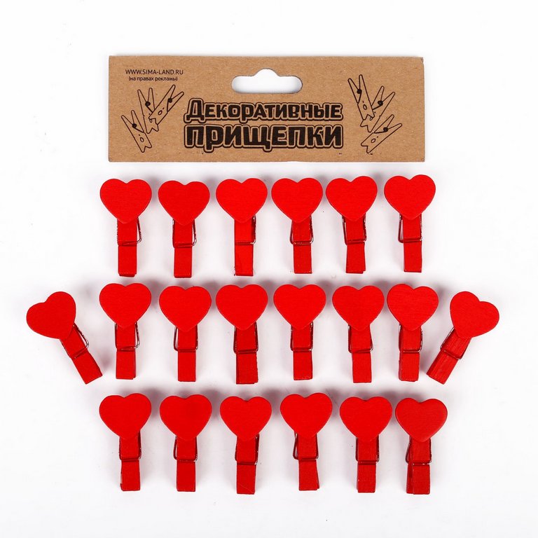 Прищепки деревянные с декором "Сердечки" 35мм (20 шт/уп) красные