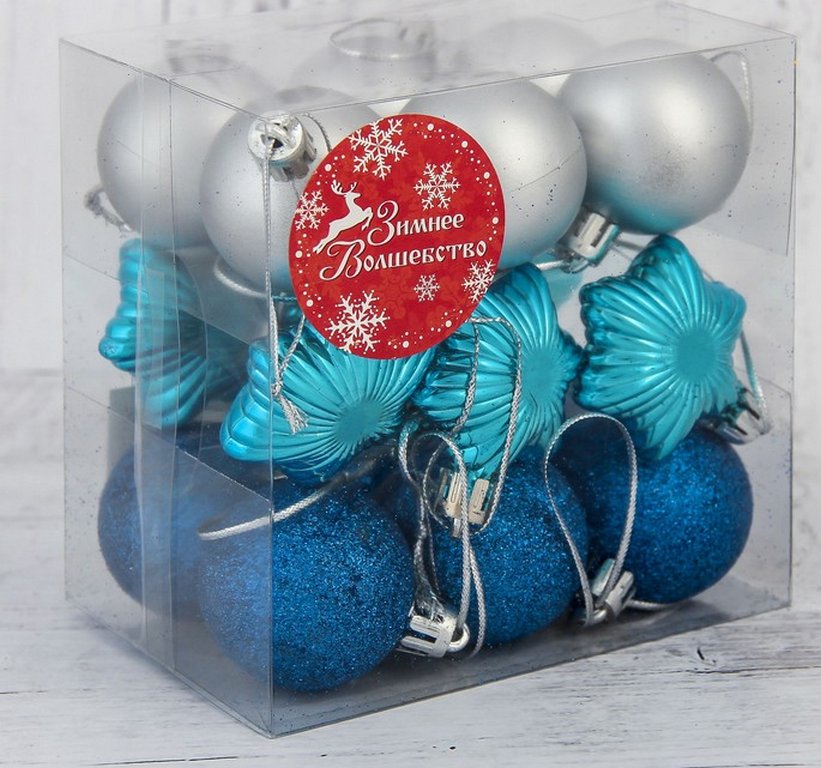 Набор украшений из пластика "Звёздный" (12 шаров d-4 см, 6 звёзд) синий, серебро