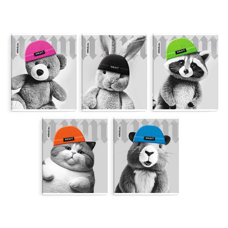 Тетрадь 48 лист кл. А5+ на скрепке "ЗВЕРИ В ШАПОЧКАХ" 5 ВИДОВ