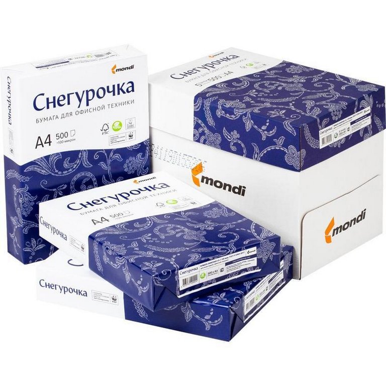 Бумага офисная Снегурочка А4, 80 г/м2, 146% CIE 96% ISO, толщ.106 мкм, непрозр.91%, 500 л/пач.