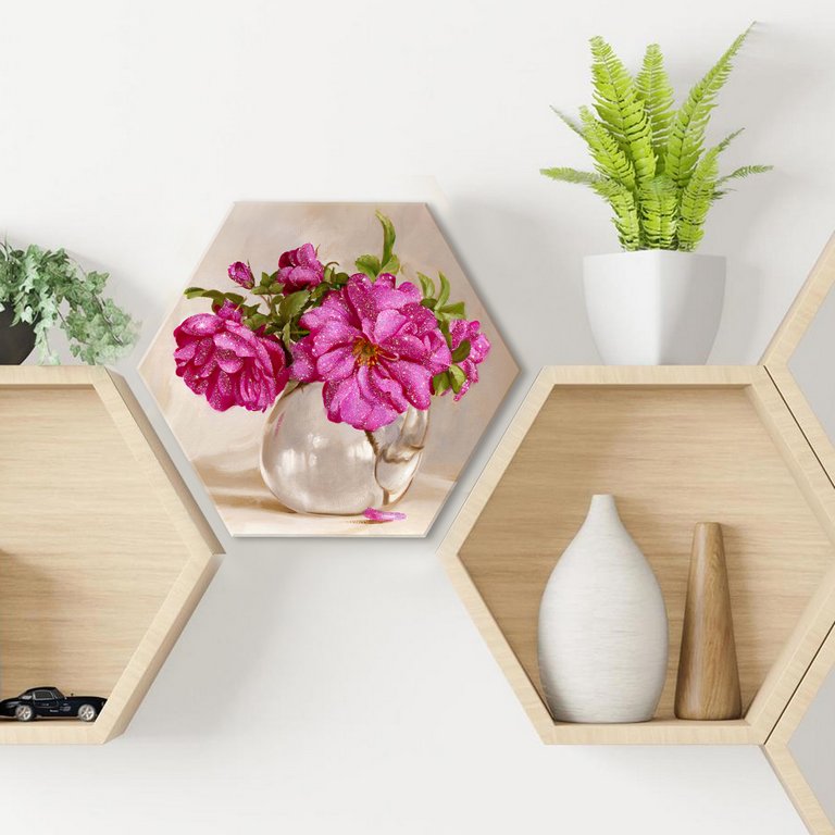 Роспись по номерам (холст) 37*32см Гексагон с кристалами "Розовый букет" (осн+акрил.кр.+кисти) 17цв.