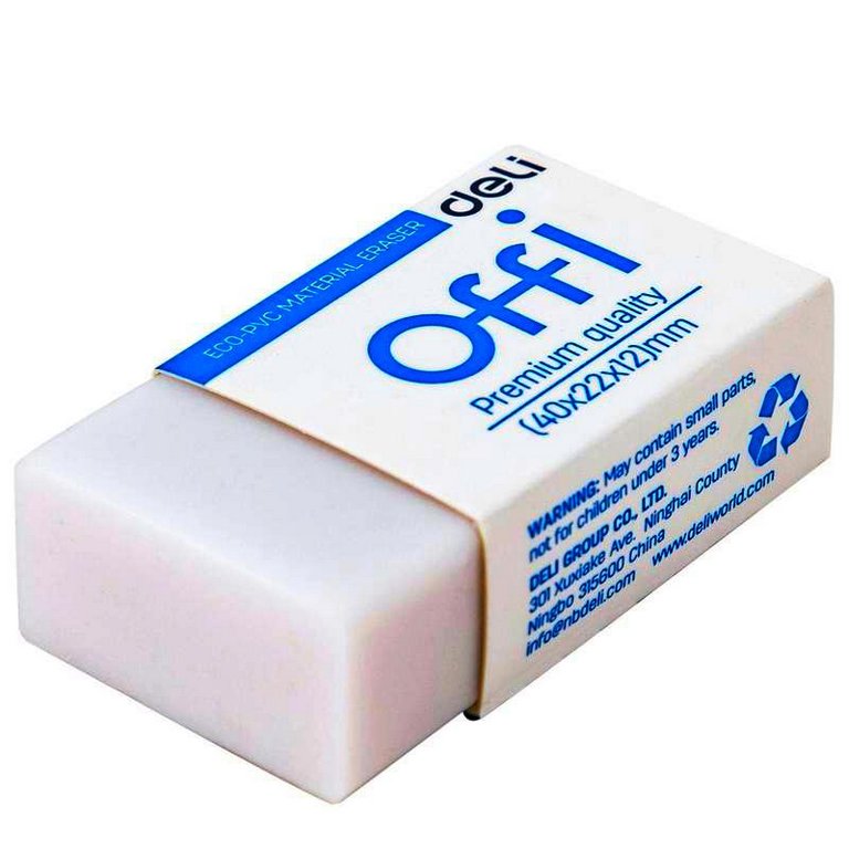 Ластик Deli Offi 40x22x12мм, в картонном футляре, белый