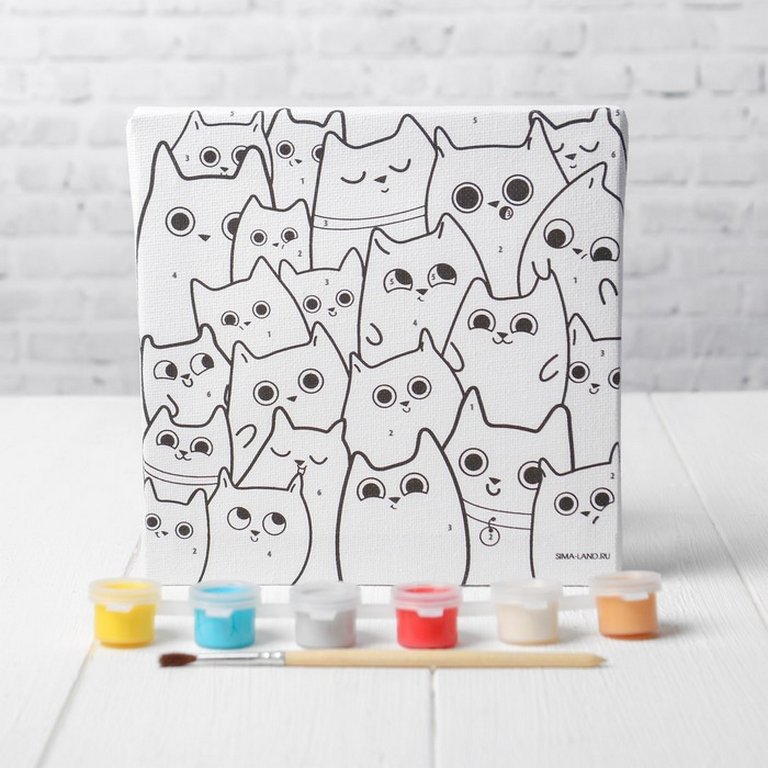 Роспись по номерам (холст) 15*15см "Милые котята" (основа+акрил.краски+кисти) Школа Талантов