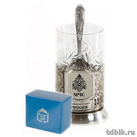 Подстаканник "МЧС" с хрустальным стаканом (латунь,никелированный,штамп,чернение) в картон. коробке