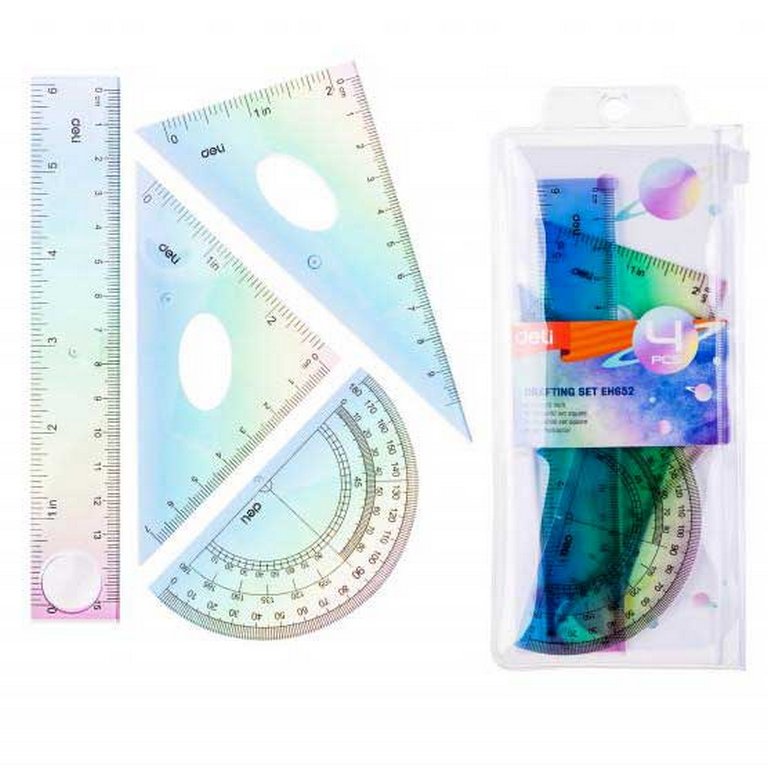 Набор чертежный (набор линеек) 4 пред. (2 треуг., линейка 15см., транспортир) Deli