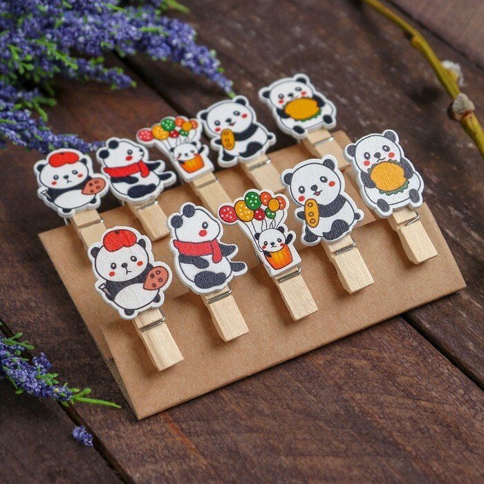 Прищепки деревянные с декором "Панды" (10шт/уп)