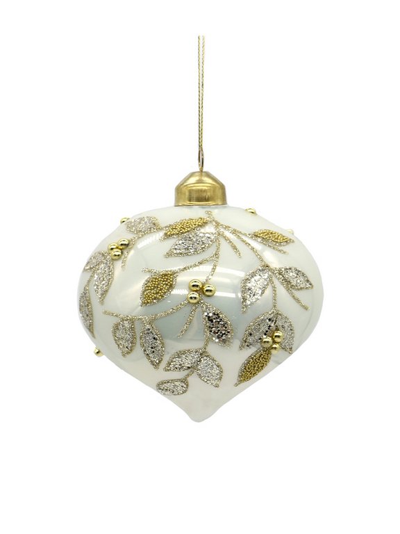 Елочный шар стеклянный 100мм (белый с рисунком) в картонной коробке