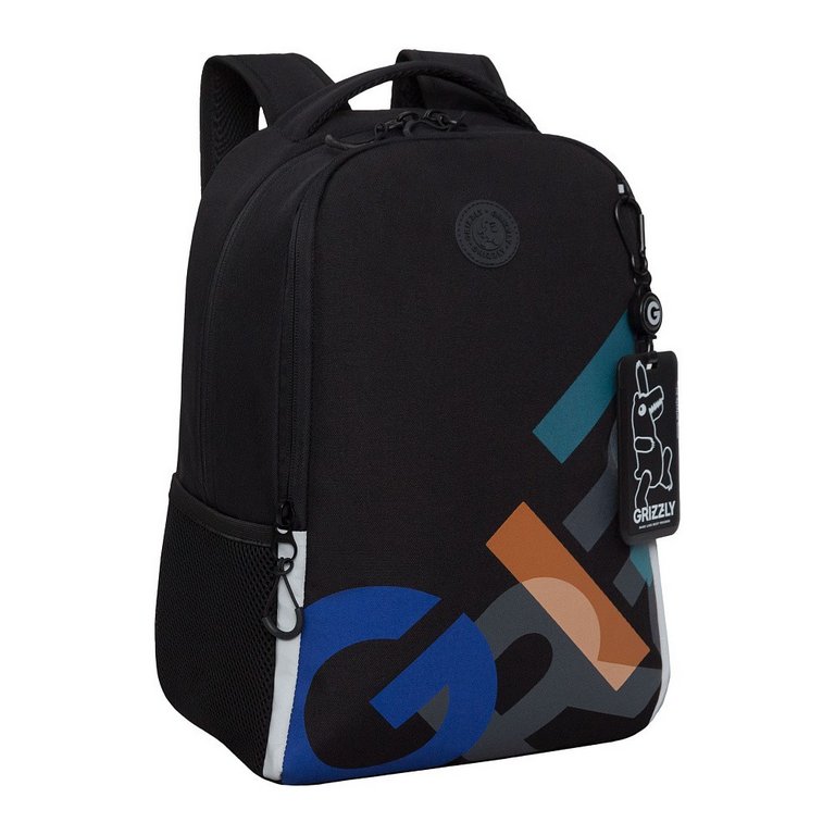 Рюкзак школьный для мальчика Grizzly 38*29*16 см, черный/разноцветный