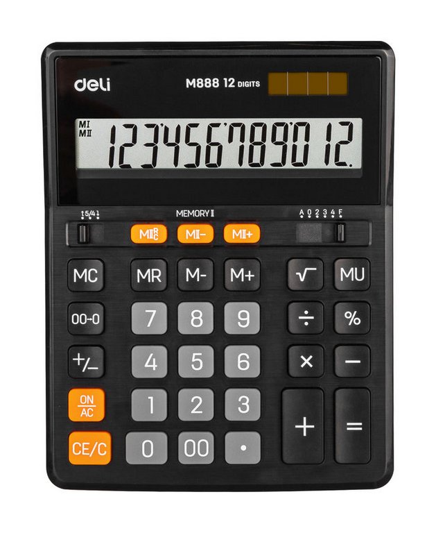 Калькулятор наст. Deli EM888 (12 разр., 2 питания, коррекция 203*158*31мм) черный