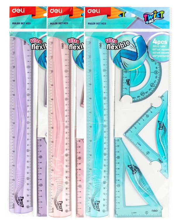 Набор чертежный (набор линеек) 4 пред. (2 треуг., линейка 30см., транспортир) гибкий, Deli