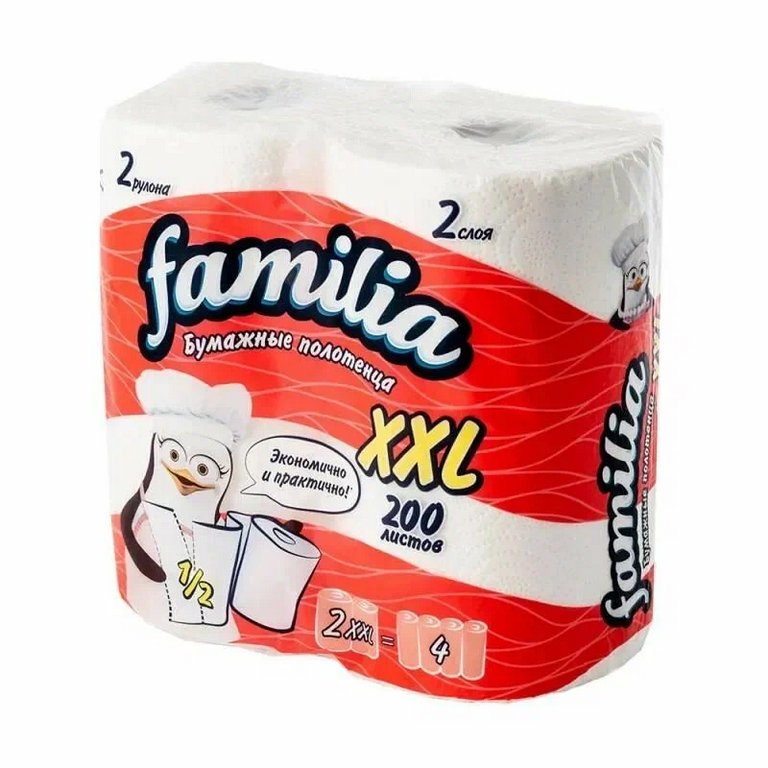Полотенце бумажное Familia plus XXL 2 рул/уп белые, 2-х слойные, 200 листов в рулоне