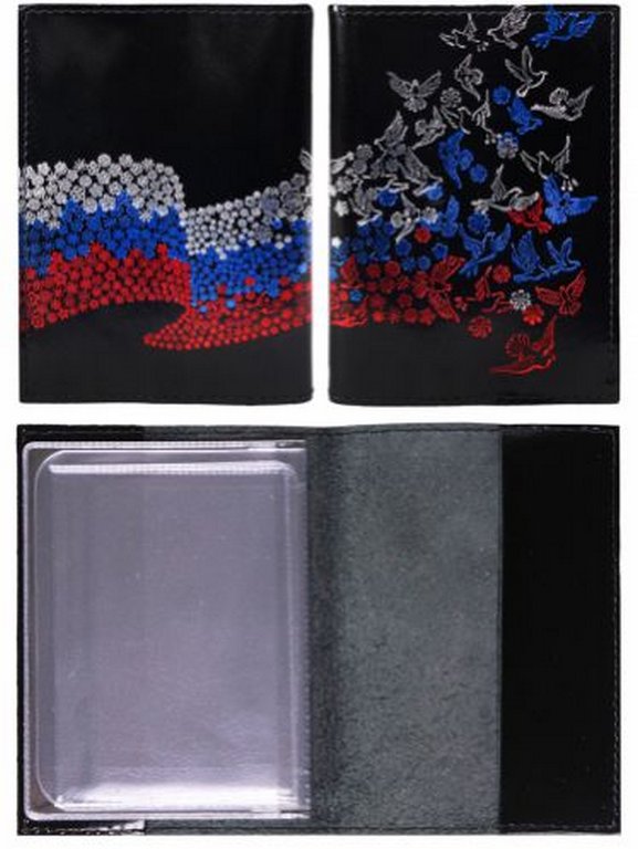 Обложка для автодокументов нат. кожа. лак, черный, тиснение тремя цветами