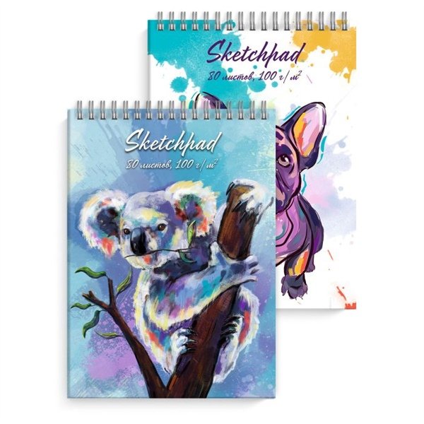 Скетчбук 210*290 мм, 80л. гребень "ЖИВОТНЫЕ В АКВАРЕЛИ" 100 г/м2, тв. обложка