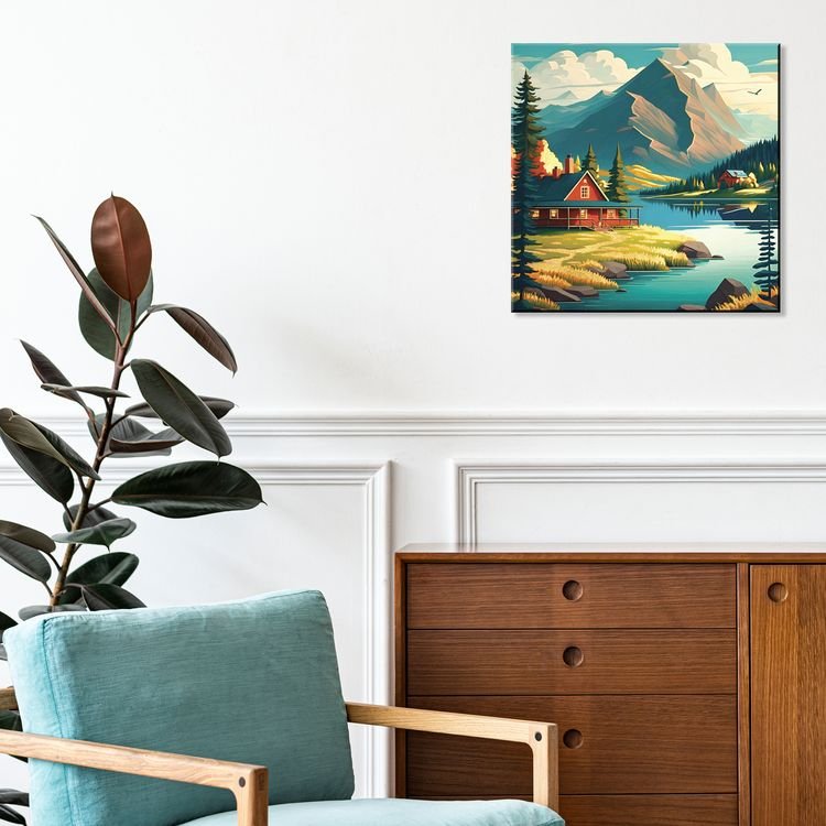 Роспись по номерам (холст) 30*30см с поталью "Горный пейзаж" (основа+акрил. краски, кисти) 24 цв.