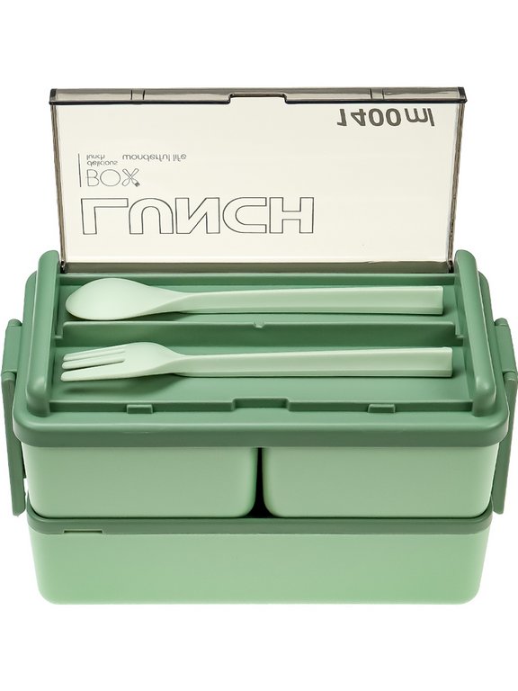Ланч-бокс 1400 мл (с приборами, три отделания) зеленый "Ланч"
