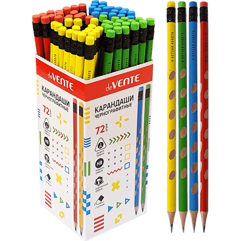 Карандаш ч/г с выемками HB трехгранный deVENTE с ластиком (ассорти)