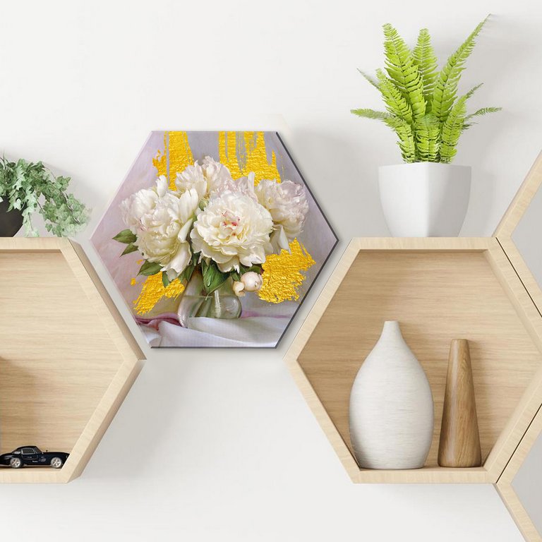 Роспись по номерам (холст) 37*32см Гексагон с поталью "Пионы" (основа+акрил.краски+кисти) 20цв