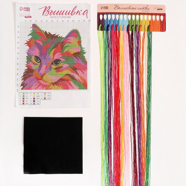 Вышивка крестиком на чёрной канве "Разноцветный кот" 25х25 см Школа талантов