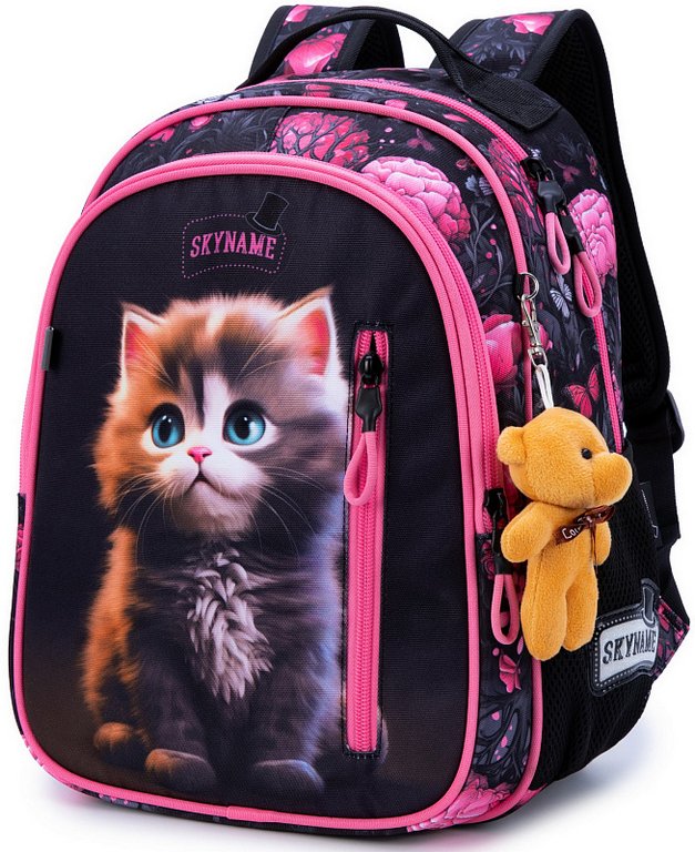 Рюкзак каркасный для девочки SkyName "Милый котенок" (брелок мишка) 37x29х17 см