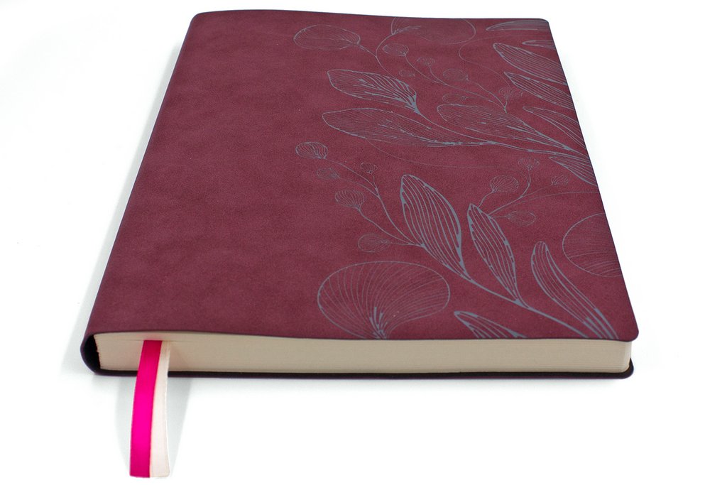 Бизнес-блокнот А4 128л., 205*270 мм, кожзам Полином "LEAVES" клетка+точка, цв. винный/серый