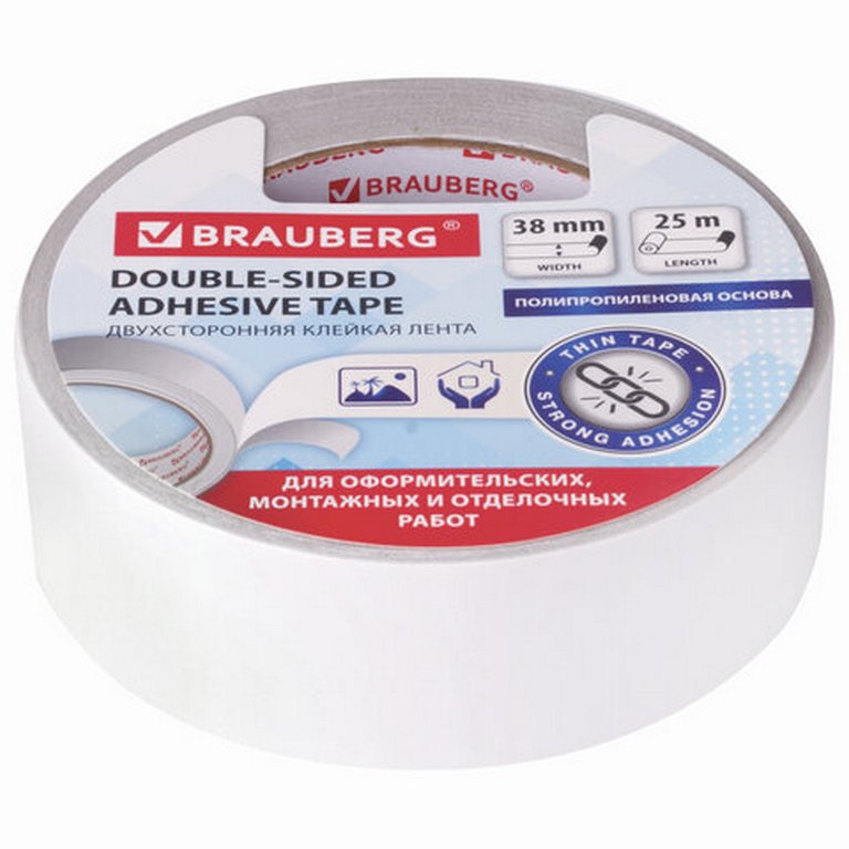 Скотч двухсторонний (полипроп. основа) 38 мм*25 м BRAUBERG, 90 мкм
