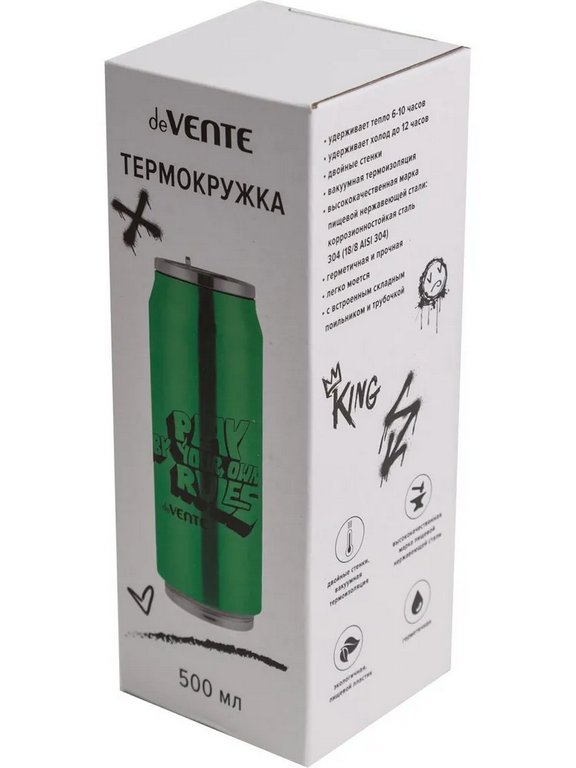Термостакан 500 мл deVENTE "Play Your Rules" нерж.сталь, с поильником и трубочкой