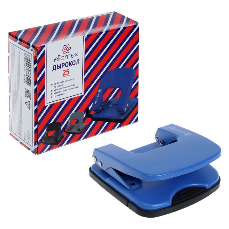 Дырокол до 25л метал. Attomex с линейкой синий