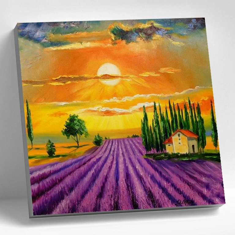 Роспись по номерам (холст) 20*20см "Лавандовое поле" (основа+акрил.+кисти) 16цв.