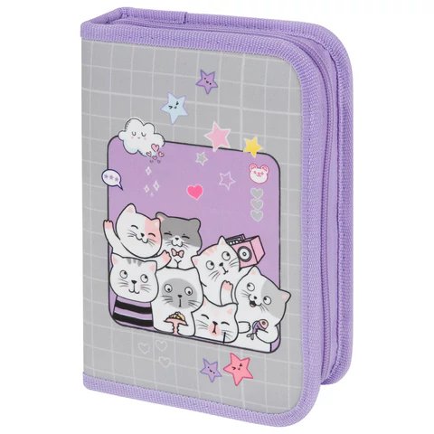 Пенал 1 отд. 2 откид. планки для девочки Пифагор "Cats selfie" 20*14 см полиэстер