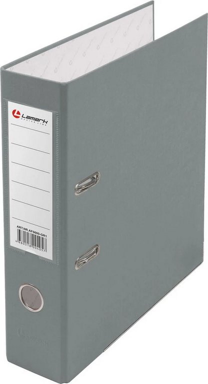 Папка-регистратор А4 80мм Lamark пл. карман на торце, метал. окантовка, серая