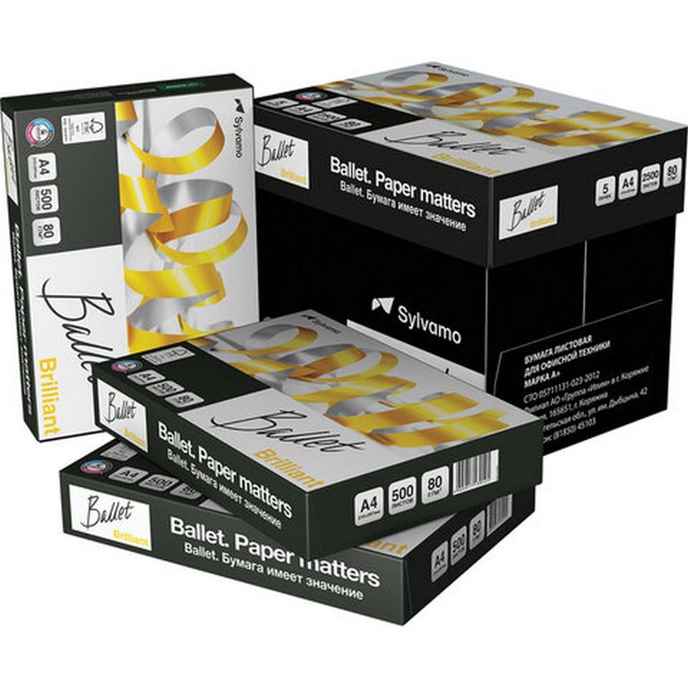 Бумага офисная Ballet Brilliant А4, 80 г/м2, 168% CIE, 112% ISO,толщ.113мкм,непрозр.95%, 500 л/пач.