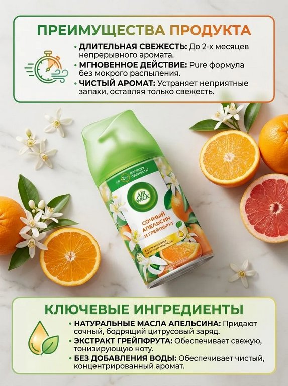 Освежитель воздуха автоматический Airwick Freshmatic 250 мл, зап. блок "Сочный апельсин и грейпфрут"