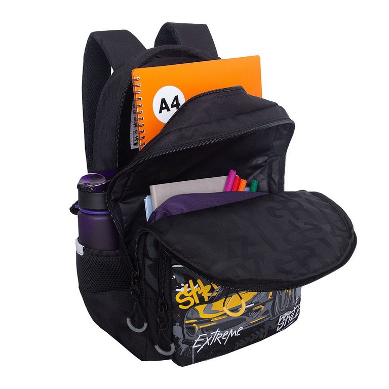 Рюкзак школьный для мальчика Grizzly 40*28*15,5 см, черный/серый