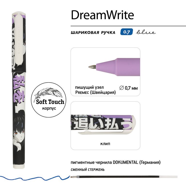Ручка шариковая Bruno Visconti в тубусе "DreamWrite. Manga Anime. City"  0,7мм синяя (линия 0,5мм)