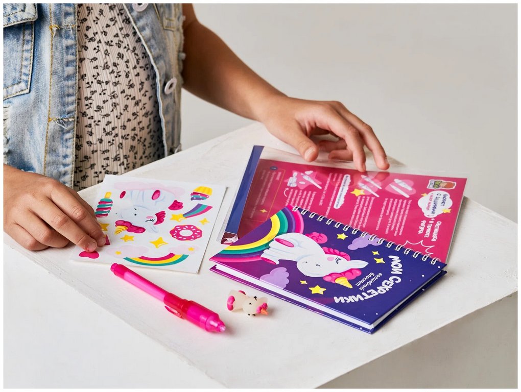 Рисуй светом А6 Блокнот и ручка шпион "Мои секретики Единорог"