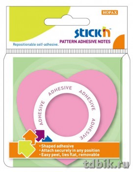 Бумага с клеевым краем фигурная  76*76 мм, 50л,  "Сердце" неон. розовый, клей по периметру HOPAX