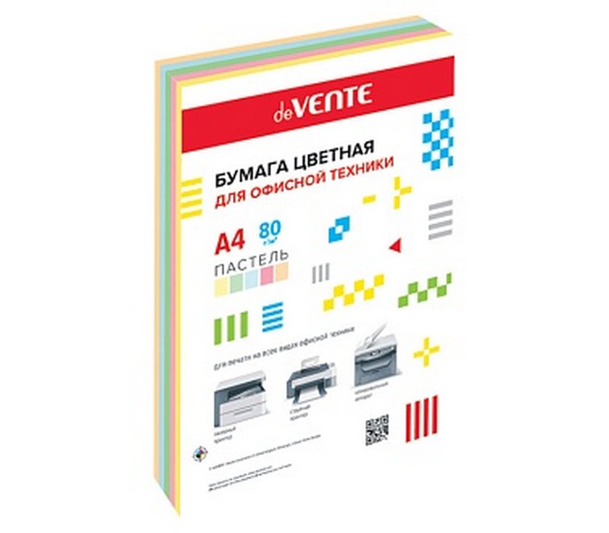 Бумага "deVente" 80г/м2 А4, 500 лист/уп, смесь пастельных цветов (5 цветов)