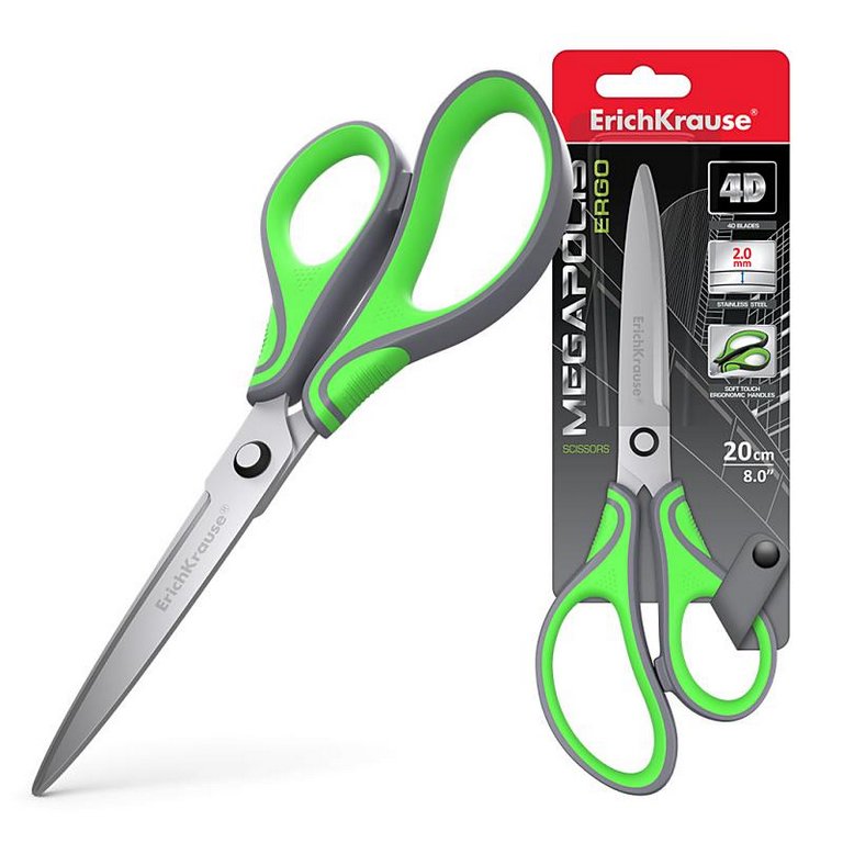 Ножницы 200 мм пластмас. эргоном. рукоятка с резиновыми вставками ErichKrause Megapolis Ergo, серо-з