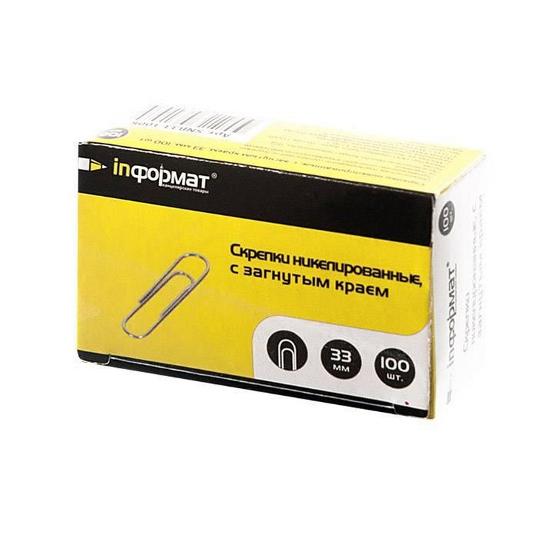 Скрепки 33 мм 100 шт/уп никелированные с загнут. краем inФОРМАТ