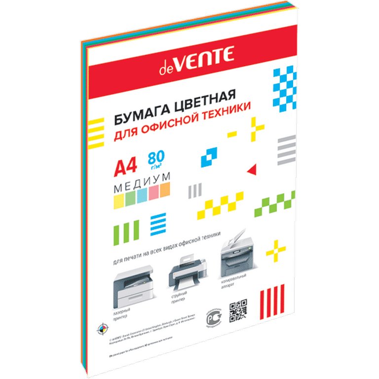 Бумага "deVente" 80г/м2 А4,  50 лист/уп, смесь медиум цветов (5 цветов)