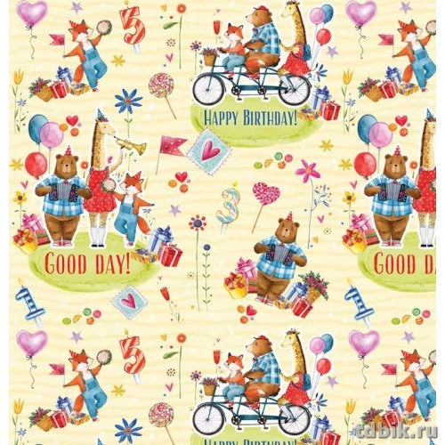 Бумага упаковочная 70*100см  в рулоне "Лисы и мишки"