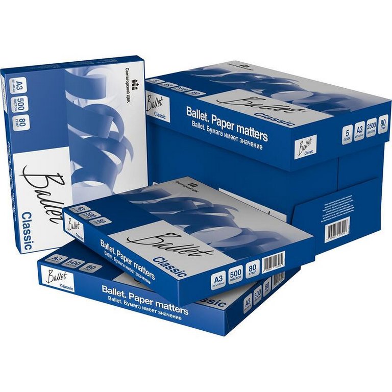 Бумага офисная Ballet Classic А3, 80 г/м2, 153% CIE, 96% ISO,толщ.104мкм,непрозр.92%, 500 л./пач.