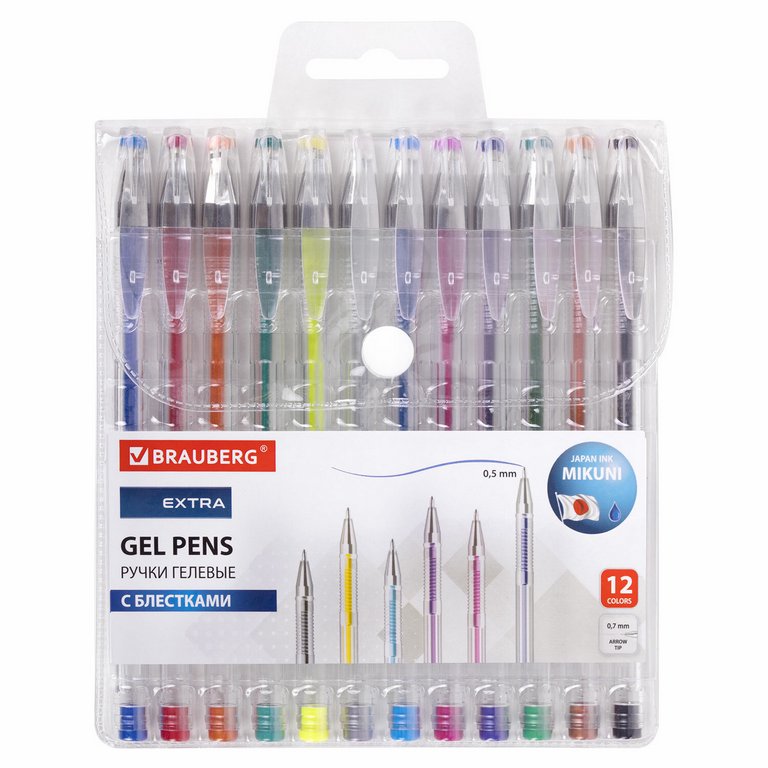 Набор гелевых ручек 12 шт. BRAUBERG "Блестки" 0,7мм,