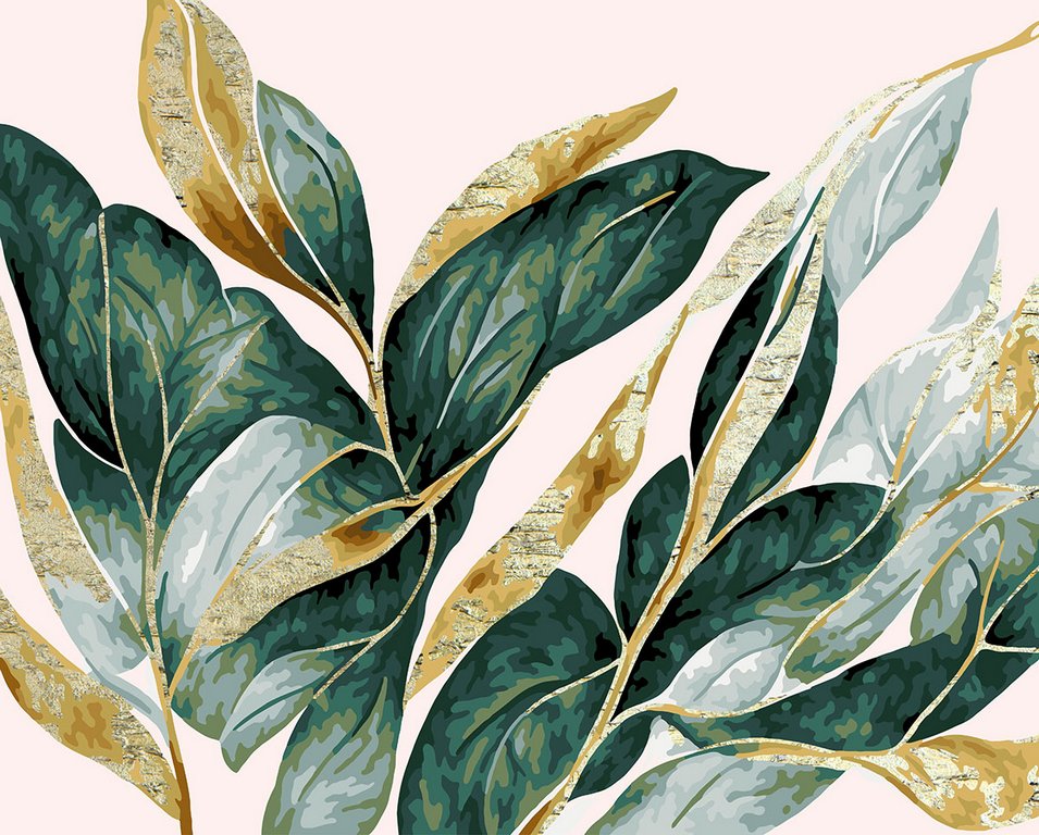 Роспись по номерам (холст) 40*50см с поталью "Листья с золотом" (основа+акрил.+кисти) 15цв.